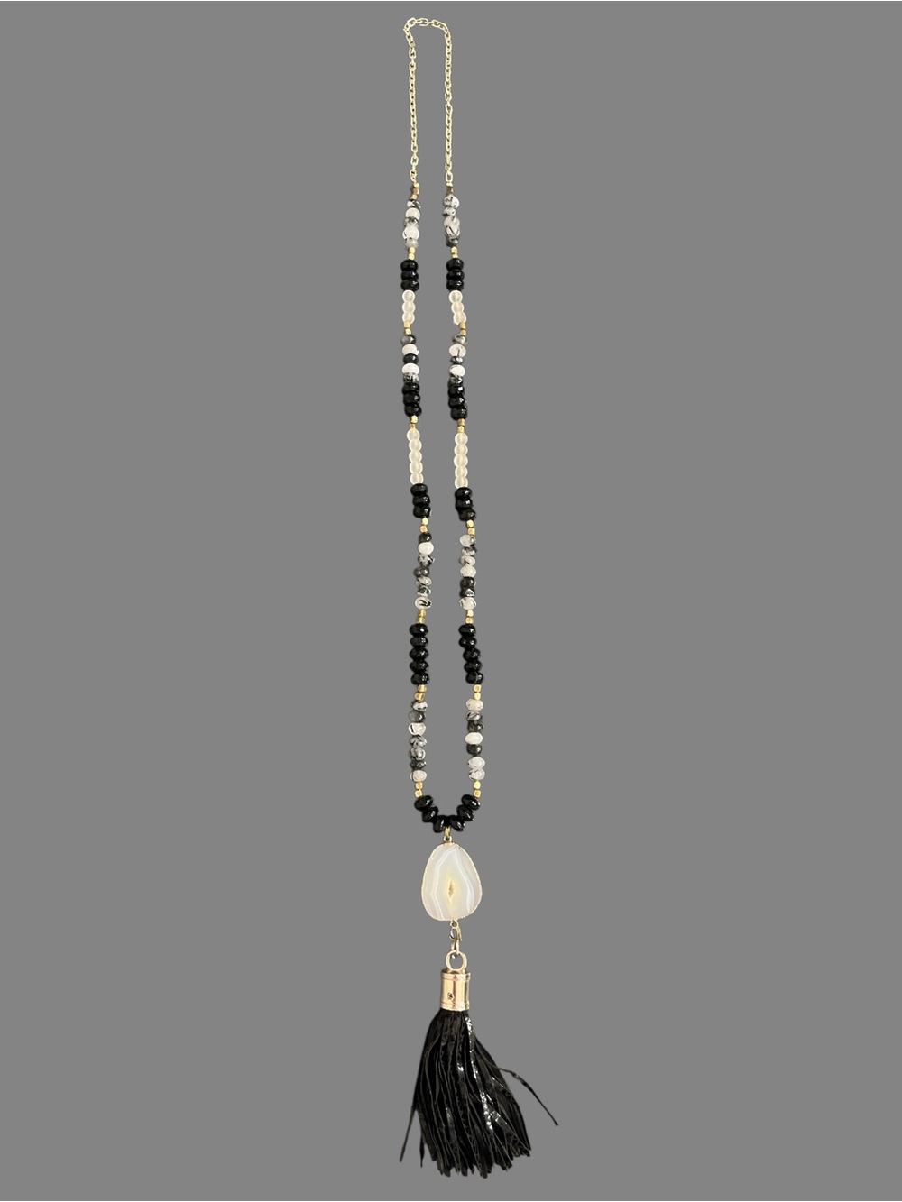 Beaded Black with white Agate and Black Tassel Pendant Necklace
